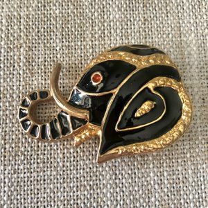 Gold & Black Enamel Elephant Head Tusk Brooch Pin